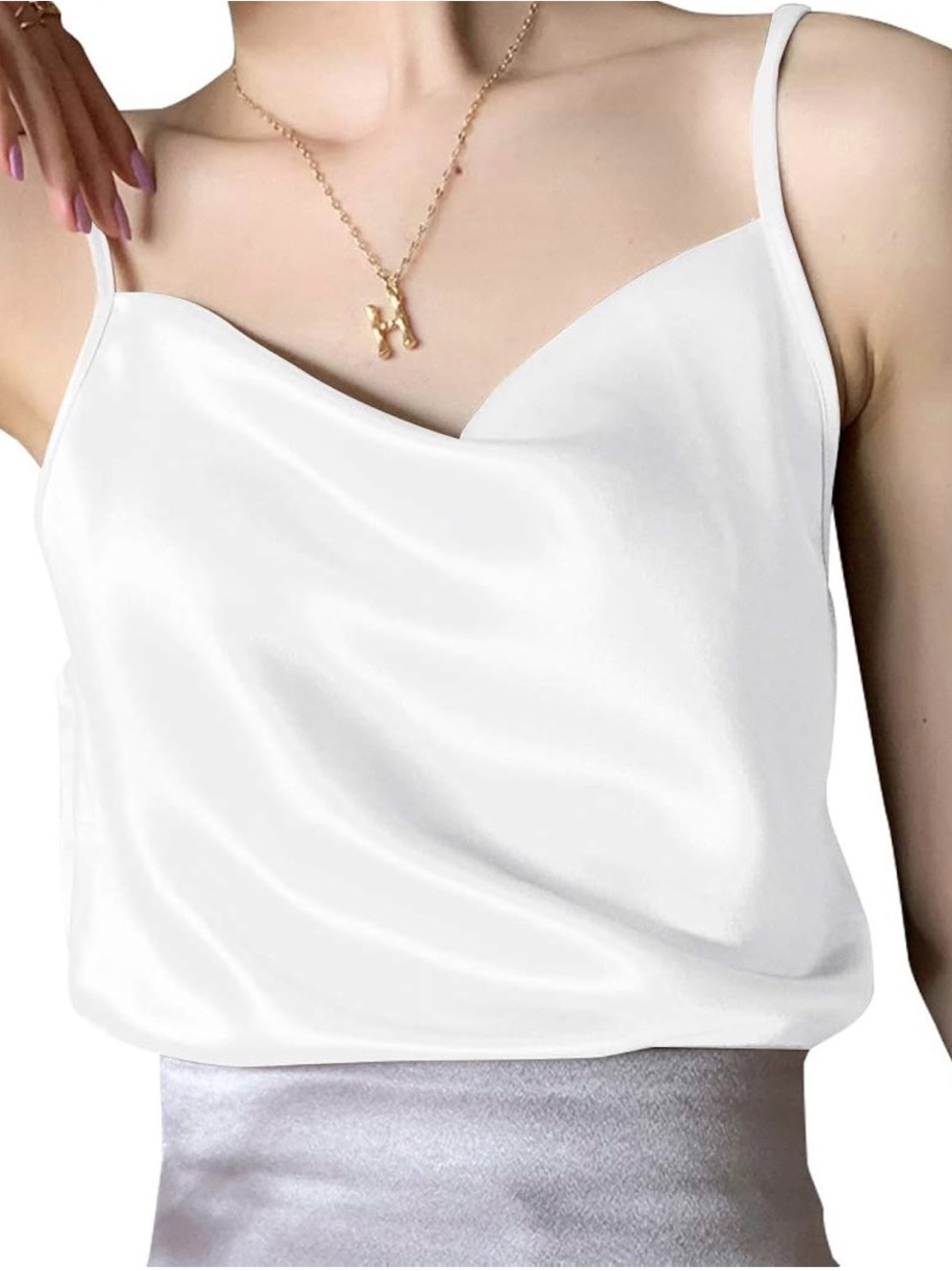 New Medium White Silk Cami Tank Top Camisole Loose Sleeveless Blouse Satin